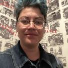 An image of Harlin/Hayley Steele inside Adrian Piper's art piece "Art for the Art World Surface Pattern" (1976) at the SF MOMA.