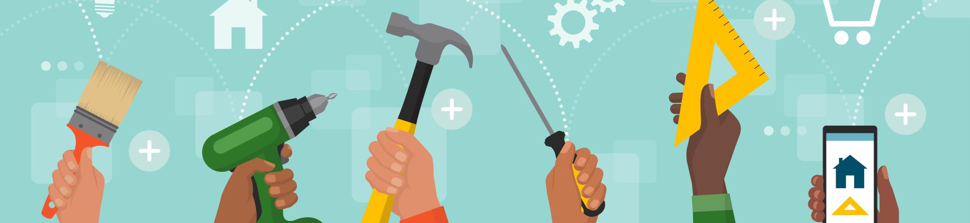 Many hands holding up tools